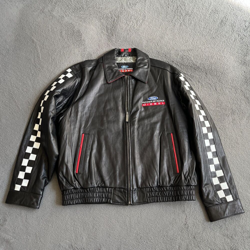 Ford Power Stroke Diesel Black Leather Full Zip Long Sleeve Jacket Men's Size L